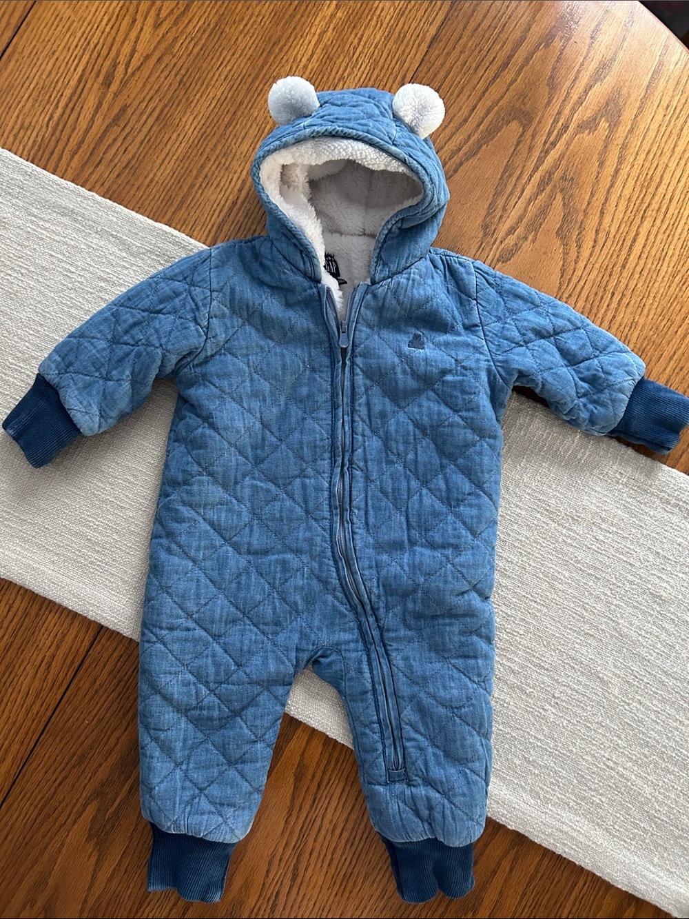 BabyGAP Blue Chambray Quilted Cozy Hooded One-Piece Sherpa Lined Bunting 3-6M